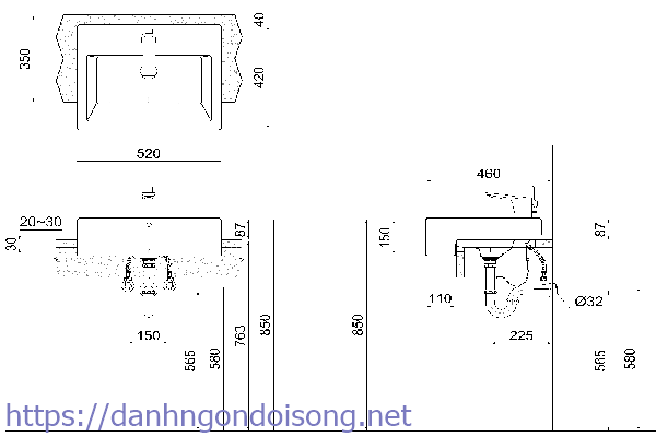K&iacute;ch thước ống của lavabo kiểu ch&acirc;n d&agrave;i
