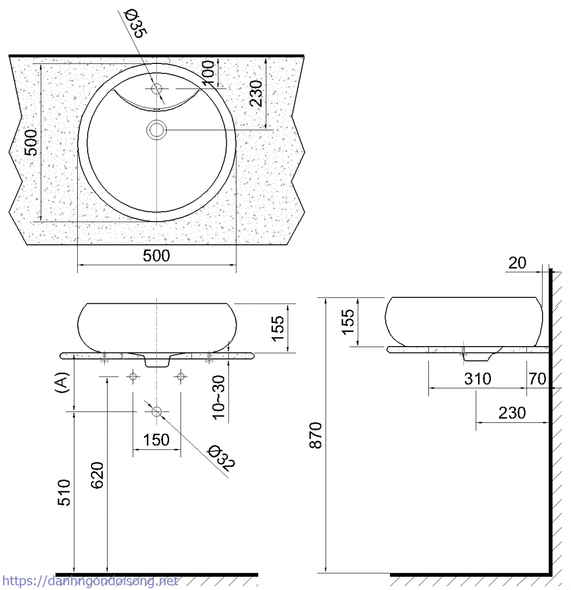 K&iacute;ch thước của lavabo đặt tr&ecirc;n b&agrave;n