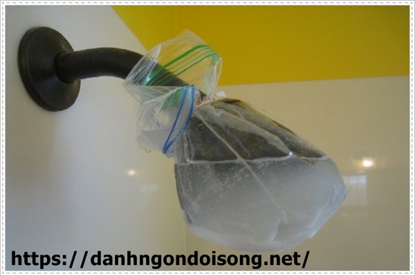D&ugrave;ng baking soda v&agrave; giấm l&agrave;m sạch đầu v&ograve;i hoa sen